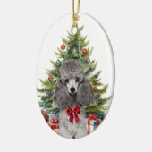 Rood Bow Grijs Miniatuur Poedel Hond Kerstmis Keramisch Ornament (Links)