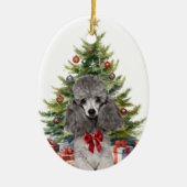 Rood Bow Grijs Miniatuur Poedel Hond Kerstmis Keramisch Ornament (Voorkant)