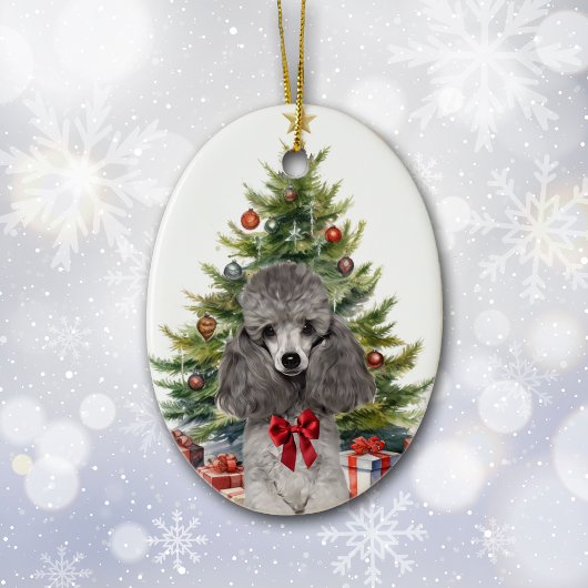 Rood Bow Grijs Miniatuur Poedel Hond Kerstmis Keramisch Ornament