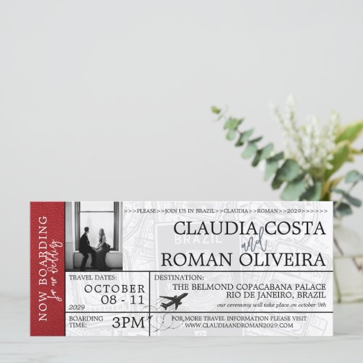 Rood Brazilië Bruiloft Boarding Pass uitnodiging (Staand voorkant)