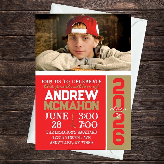 Rood & Brons Goud Afstuderen Fotouitnodiging Kaart