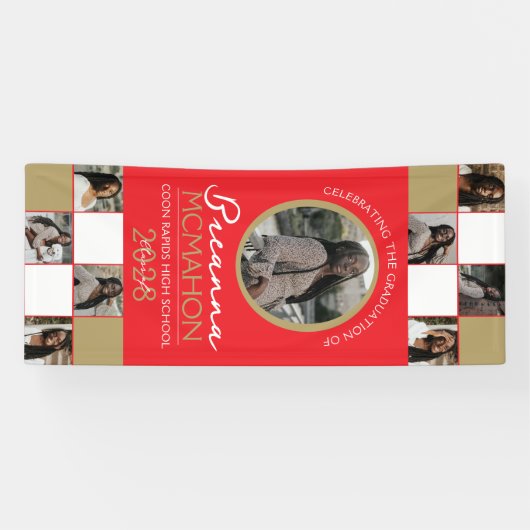 Rood & Brons Goud Fotocollage Afstuderen Vinyl Spandoek (Horizontaal)