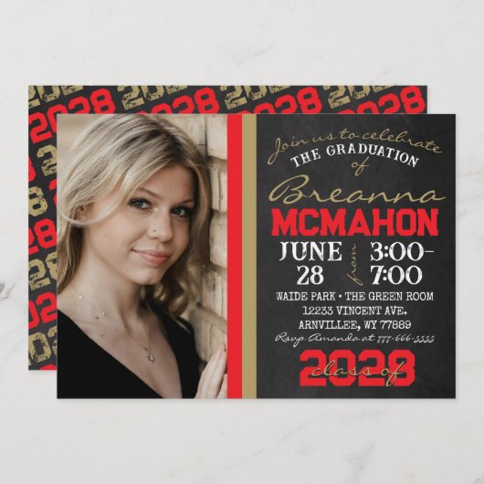 Rood & Brons Goud Krijtbord Afstuderen Foto Kaart (Voorkant / Achterkant)