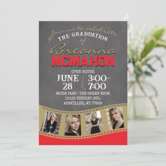 Rood & Brons Goud Krijtbord Filmstrip Afstuderen Kaart (Staand voorkant)