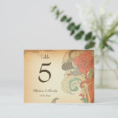 rood bruin bloemen trouwtafel nummer briefkaart (Staand voorkant)