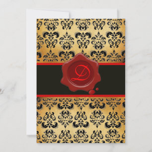 ROOD BRUIN EN ZWARTE DAMAST, WASZEGEL MONOGRAM KAART