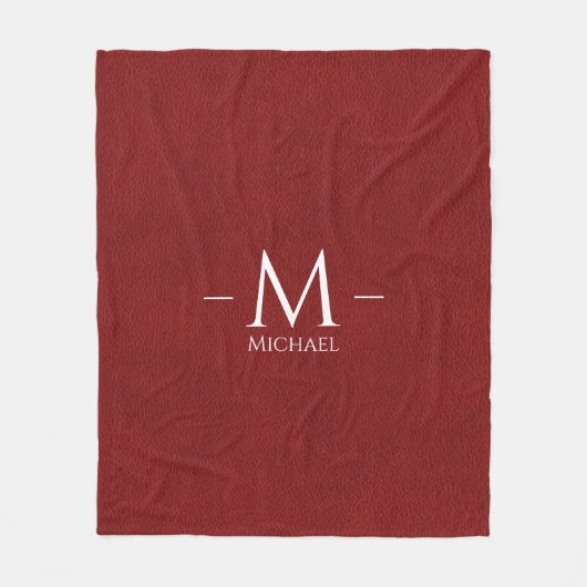 Rood Bruin Faux Leer Monogram Naam Aangepast Fleece Deken (Voorkant)