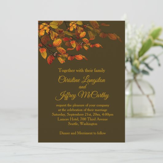 Rood, bruin, geel herfstblad Weddenschap Kaart (Staand voorkant)