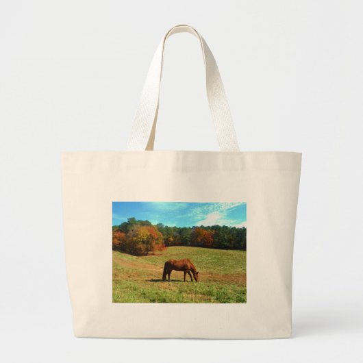 Rood bruin paard, Blauwgroen blauwe hemel Grote Tote Bag (Voorkant)