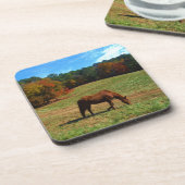 Rood bruin paard, herfst, blauwe luiers drankjes onderzetter (Linkerzijde)