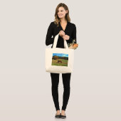 Rood bruin paard, herfst, blauwe luiers grote tote bag (Voorkant (model))