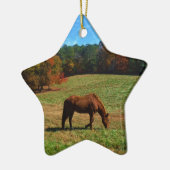 Rood bruin paard, herfst, blauwe luiers keramisch ornament (Links)