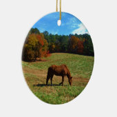 Rood bruin paard, herfst, blauwe luiers keramisch ornament (Rechts)