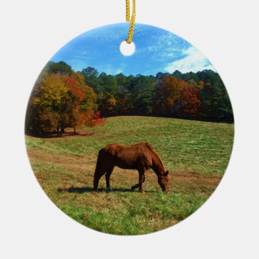 Rood bruin paard, herfst, blauwe luiers keramisch ornament (Voorkant)