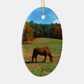 Rood bruin paard, herfst, blauwe luiers keramisch ornament (Rechts)