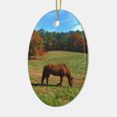 Rood bruin paard, herfst, blauwe luiers keramisch ornament (Links)