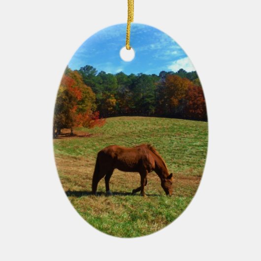 Rood bruin paard, herfst, blauwe luiers keramisch ornament (Voorkant)