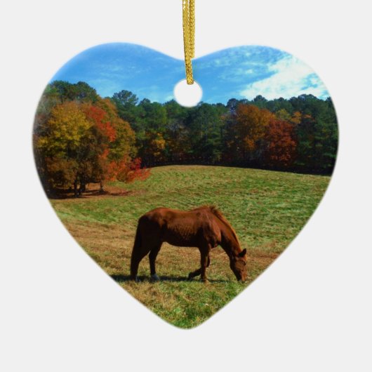 Rood bruin paard, herfst, blauwe luiers keramisch ornament (Voorkant)