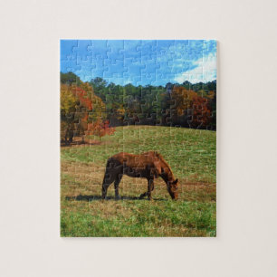 Rood bruin paard, herfst, blauwe luiers legpuzzel
