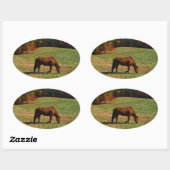 Rood bruin paard, herfst, blauwe luiers ovale sticker (Vel)