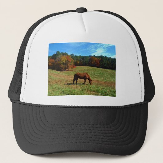 Rood bruin paard, herfst, blauwe luiers trucker pet (Voorkant)