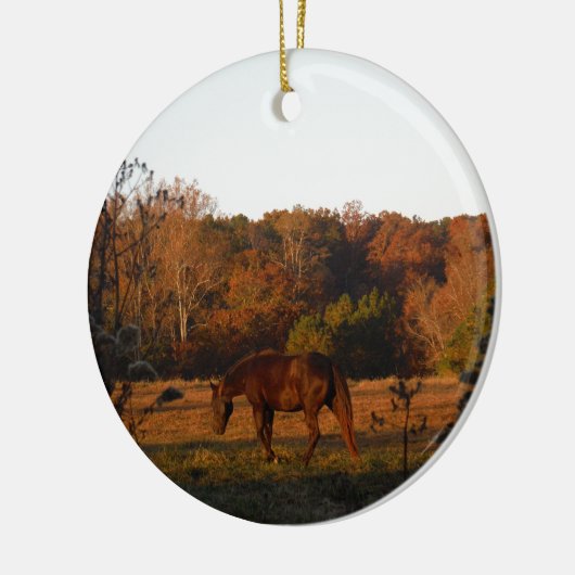Rood bruin paard, herfst bossen. keramisch ornament (Links)
