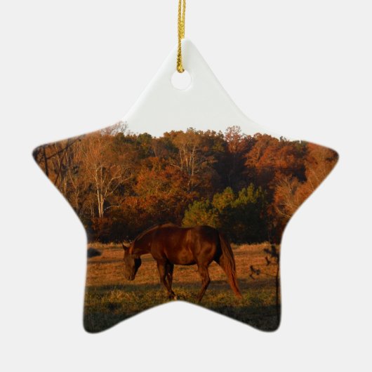 Rood bruin paard, herfst bossen. keramisch ornament (Voorkant)