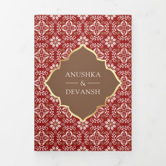 Rood Bruin Patroon Alles In Een Indische Bruiloft Drieluik Uitnodiging (Cover)