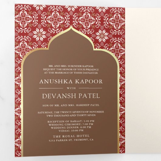 Rood Bruin Patroon Alles In Een Indische Bruiloft Drieluik Uitnodiging (Binnenzijde eerst)