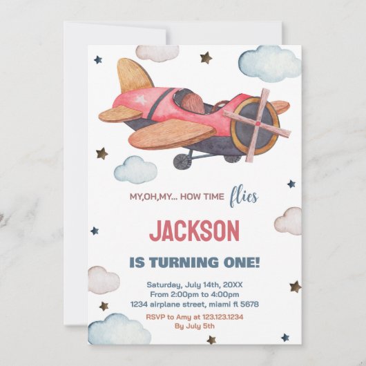 Rood Bruin Vliegtuig Verjaardag Uitnodigingen (Voorkant)
