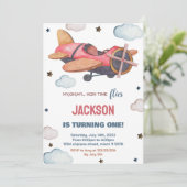 Rood Bruin Vliegtuig Verjaardag Uitnodigingen (Staand voorkant)