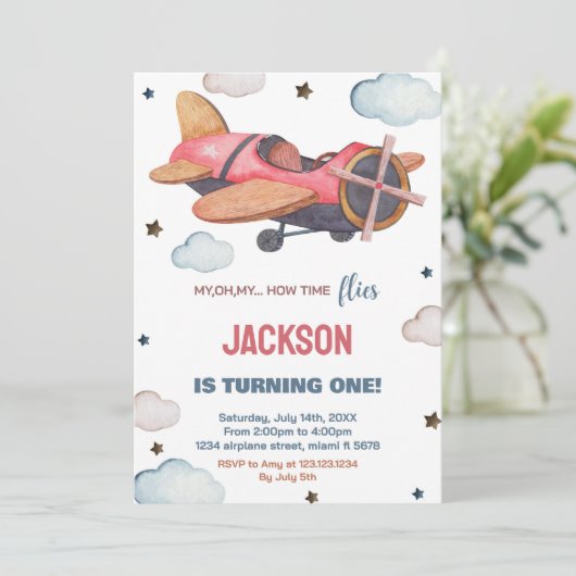Rood Bruin Vliegtuig Verjaardag Uitnodigingen (Staand voorkant)