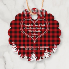 Rood buffelpatroon Bijbel Verse kerstpine Bedankjes Labels