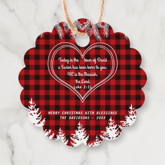 Rood buffelpatroon Bijbel Verse kerstpine Bedankjes Labels (Achterkant)