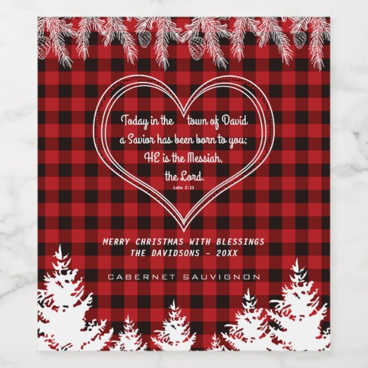 Rood buffelpatroon Bijbel Verse kerstpine Wijn Etiket (Enkel label)