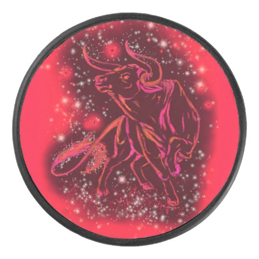 Rood bull loopt bij Sterrennacht Hockey Puck (Voorkant)