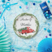  rood busje met sneeuwkerstbruiloft Pl Papieren Bordje (Feest)