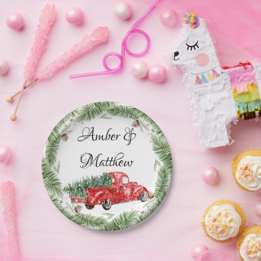  rood busje met sneeuwkerstbruiloft Pl Papieren Bordje (Feest)