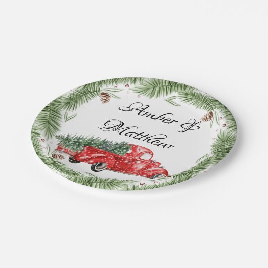  rood busje met sneeuwkerstbruiloft Pl Papieren Bordje (Gekanteld)