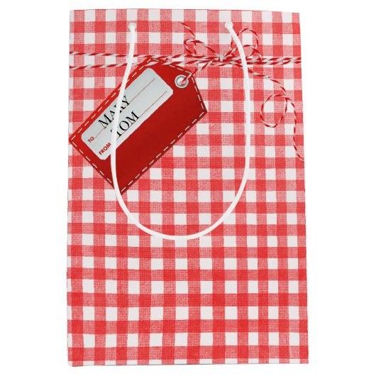 Rood cadeau Label op Gingham Medium Cadeauzakje (Voorkant)