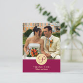 Rood centrum klassieke monogram foto bedankt briefkaart (Staand voorkant)