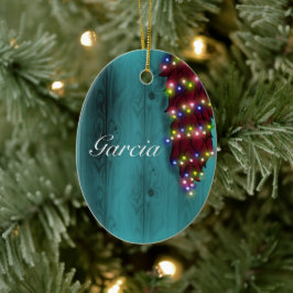 Rood Chili ristra op blauwe deur kerstverlichting Keramisch Ornament