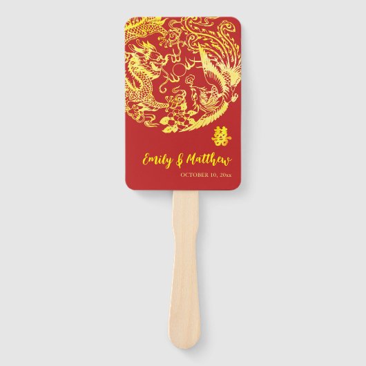 Rood Chinees Dragon Phoenix logo huwelijksprogramm Handwaaier (Voorkant)