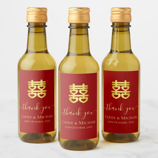 Rood  Chinees trouwhart dubbel geluk Wijn Etiket (Flessen)