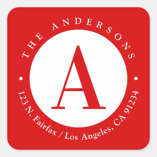 Rood | Cirkel Monogram Retouradres Vierkante Sticker (Voorkant)