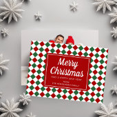 Rood controleert patroon Kerstmis Script Foto Feestdagenkaart