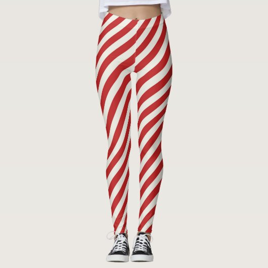 Rood & Crème Beige Witte Streep Kerstvakantie Leggings (Voorkant)