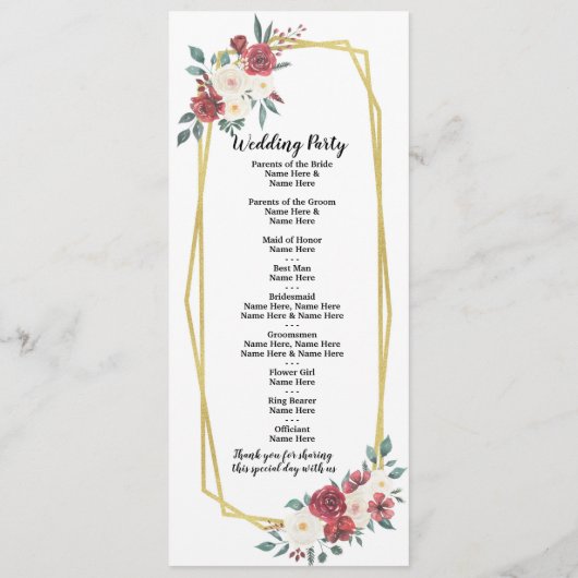 Rood Crème Menu Aquarel Bloemen Bruiloftsprogramma (Achterkant)