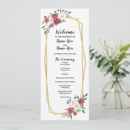 Rood Crème Menu Aquarel Bloemen Bruiloftsprogramma (Staand voorkant)