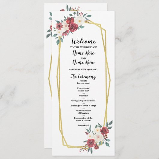Rood Crème Menu Aquarel Bloemen Bruiloftsprogramma (Voorkant / Achterkant)